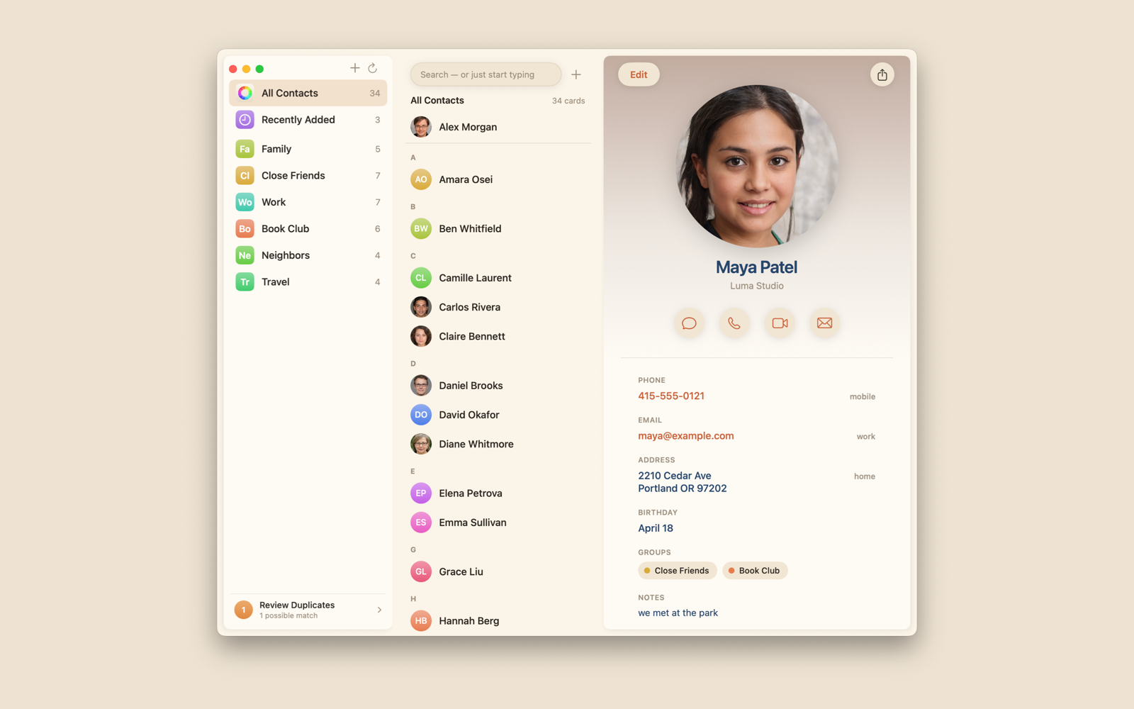 The Kin Contacts main window: groups listed on the left, contacts in the middle column, and a full contact card on the right showing phone, email, address, birthday, groups, and notes.