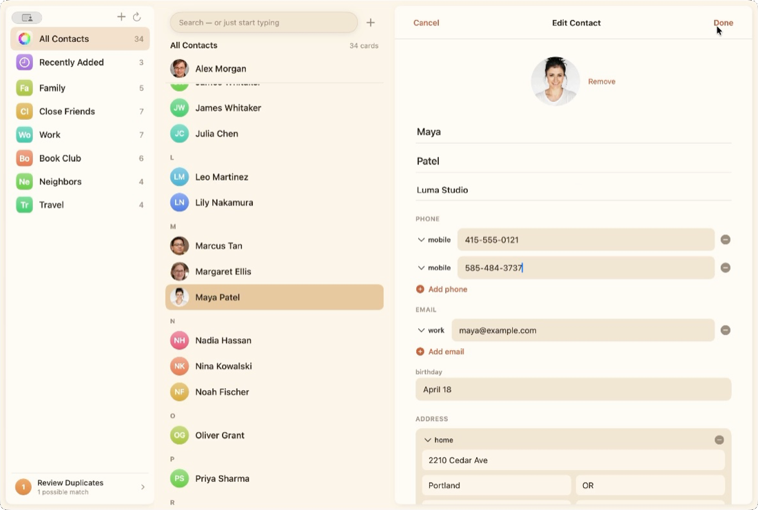 Editing a contact in Kin Contacts: the card opens into editable fields for name, company, multiple phone numbers, email, birthday, and postal address.