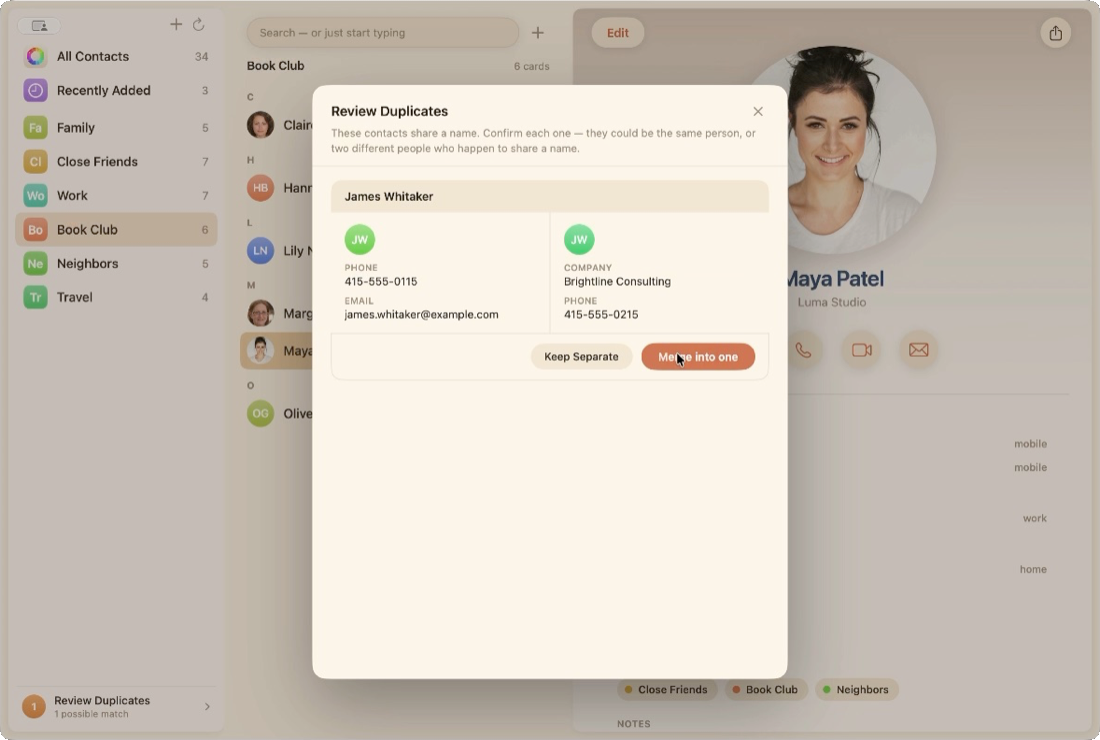 The Review Duplicates dialog in Kin Contacts showing two contacts named James Whitaker side by side with their differing details, and buttons to Keep Separate or Merge into one.