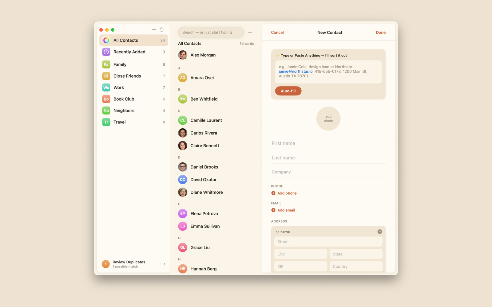 The New Contact form in Kin Contacts, with a paste box at the top reading "Type or Paste Anything, I'll sort it out" and an Auto-fill button above the empty name, company, phone, email, and address fields.