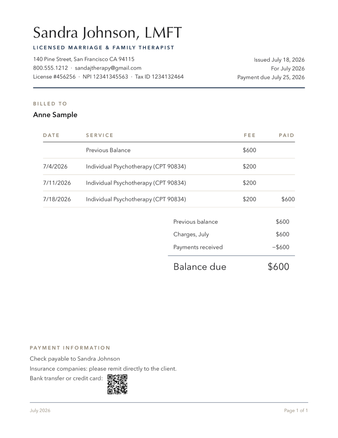 A sample Shrink Books invoice for the fictional client Anne Sample: dated psychotherapy sessions with CPT codes, a balance summary, and a payment information block with a QR code for bank transfer or card payment.